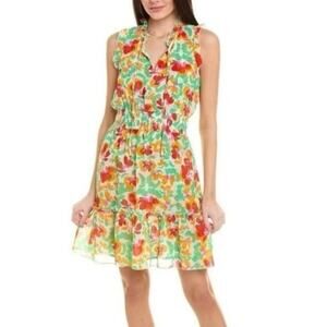 CABI Spirit Floral Ruffle Trim Elastic Waistband Lined Dress Size Large